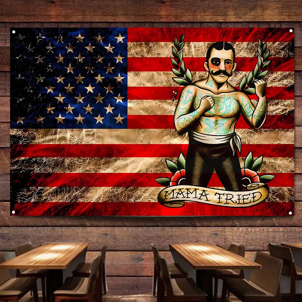 Funny Boxer Tattoo Artwork Poster Wall Chart Hanging Banner Nostalgic Vintage American Flag Bar Cafe Man Cave Home Wall Decor