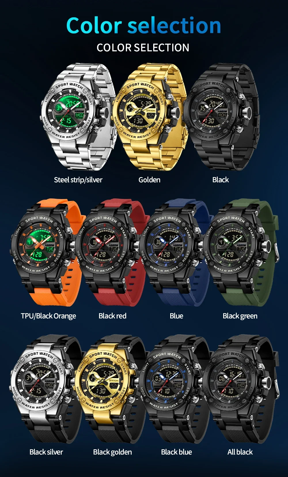 Reloj SANDA 3363 para hombre, reloj electrónico para estudiantes de secundaria, reloj de cuarzo electrónico multifuncional para hombre