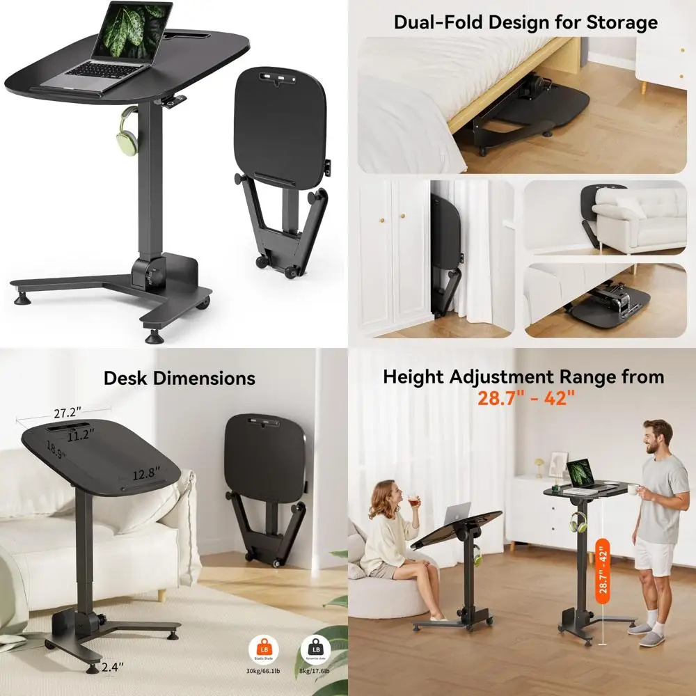 

Adjustable Height Mobile Standing Desk with Foldable Design and 90° Tiltable Surface, 27.2x18.9 Inch for Portable Laptop Use