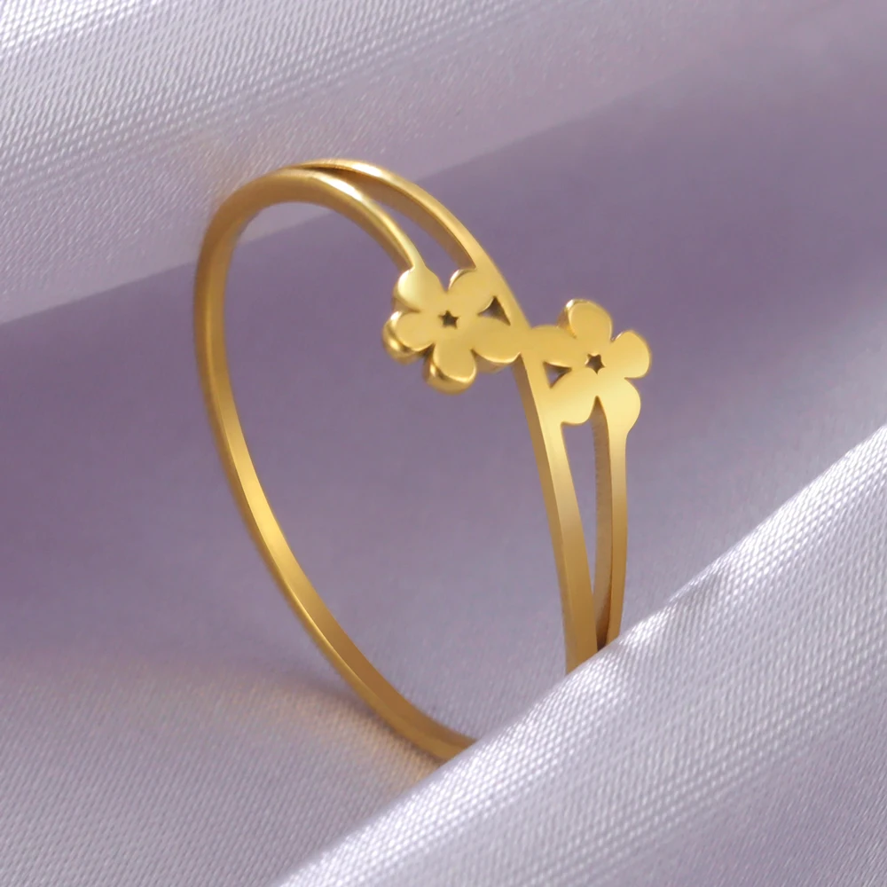 COOLTIME Elegant Flower Rings Women Stainless Steel Gold Color Ring Aesthetic Fashion Birthday Gift Jewelry Wholesale ﻿