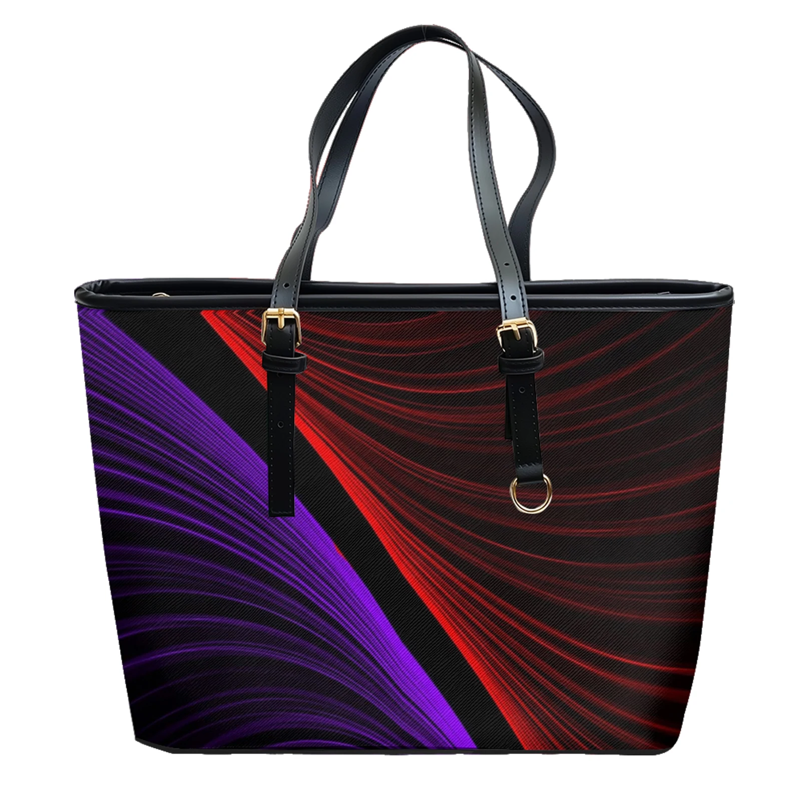 Neon Contrast Lines Printed Oxford PVC Leather Shoulder Bag Zipper Lightweight Tote Daily Use Convertible Work Weekend Purse