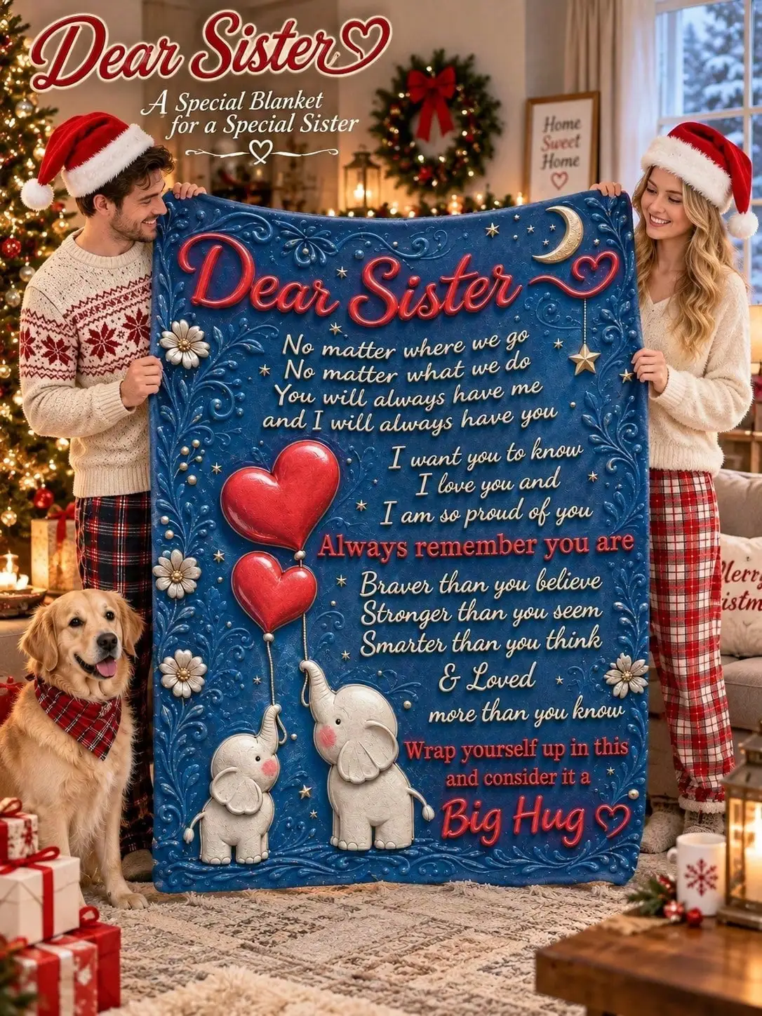 Dear Sister Elephant Heart Floral Message Flannel Blankets Sofa Bed Throw Home Decor Bedroom Living Room Christmas Halloween Thanksgiving Birthday Anniversary Housewarming Gift Family Friends Guestroom Apartment Winter Seasonal Reading Nook Dorm
