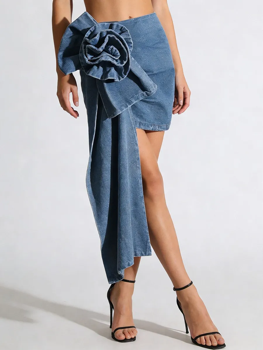 TWOTWINSTYLE Fashion Slimming Spliced 3D Flower Irregular Skirts for Women High Waist Patchwork Ribbon Cowboy Skirt Female New