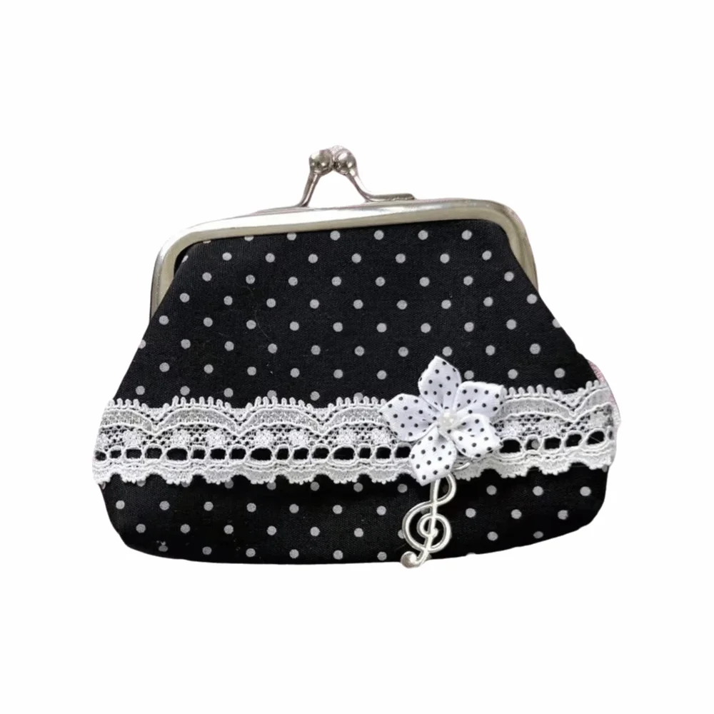 Handmade Lace Polka Dot Coin Purse Music Note Rose Pattern Kiss Lock Wallet Vintage Portable Earphone Bag Lipstick Storage
