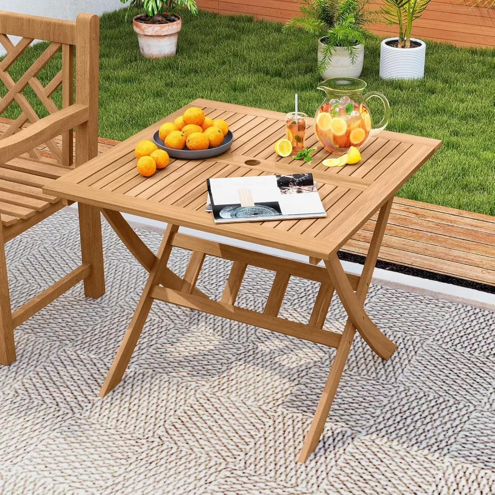 

36 Patio Dining Table Folding Acacia Wood, with Umbrella Hole and X-Shaped Frame, Outdoor Square Dinner Table