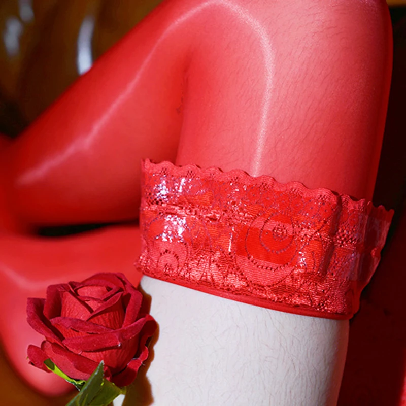 Anti-Slip Silicone Lace Top Oil Shiny Silk Medias Women Sexy Transparent Thigh High Stockings Glossy Party Over The Knee Socks