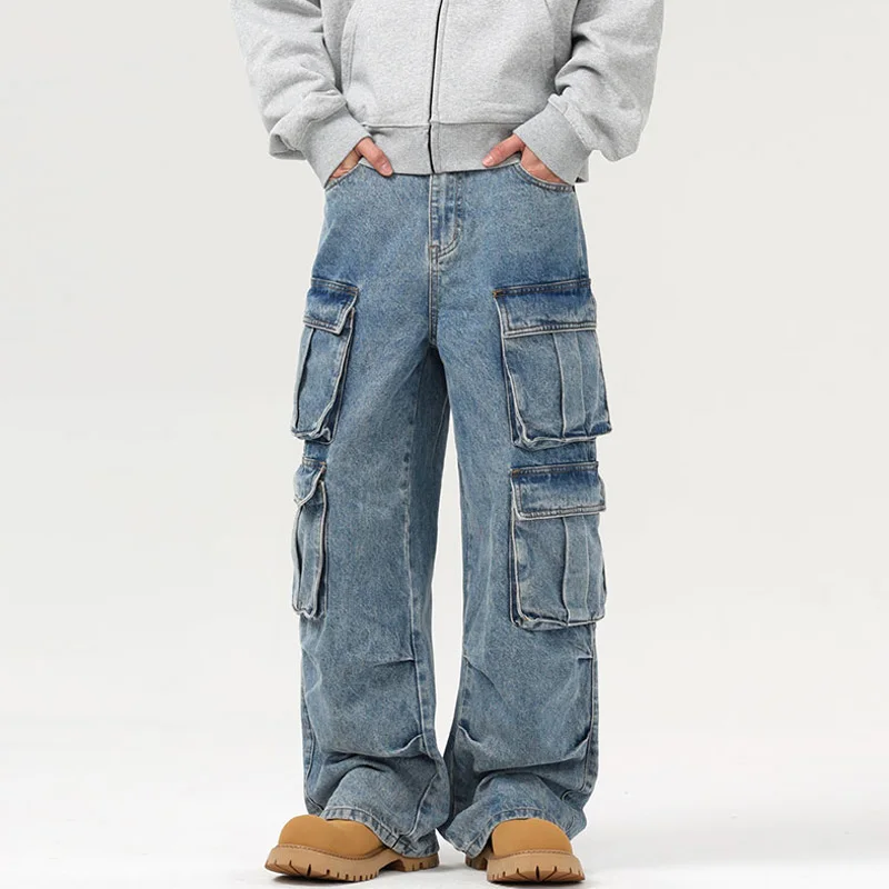 Men Women Streetwear Fashion Hip Hop Loose Casual Multi-pocket Y2k Wide Legs Baggy Cargo Jeans Denim Pants Couple Trousers