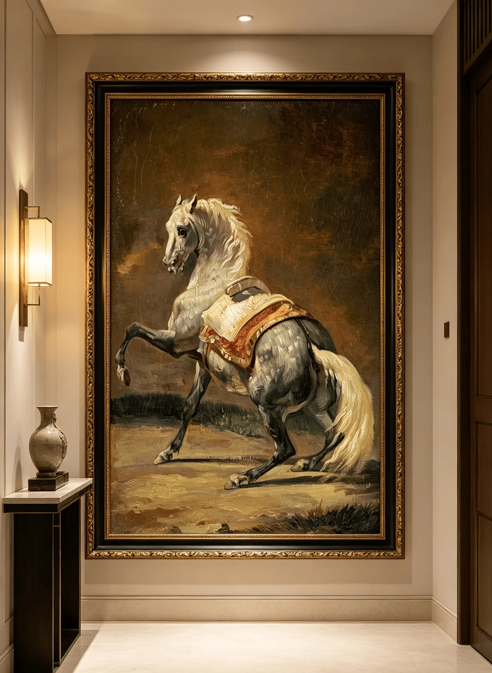 Folder Art Print Vintage White Horse Oil Painting Canvas Wall Art Classical Animal Decor for Living Room Entrance Stair Unframed