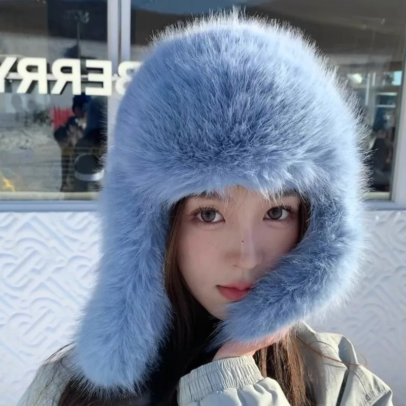 Korea Blue Imitation Marten Fur Bomber Hats for Women Plush Fluffy Windproof Warm Ear Protection Ski Hat Winter Beanies Caps