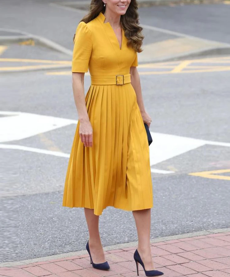 

New Vestido Midi amarillo de princesa Kate Middleton para mujer cinturón elegante Delgado informal fiesta Vintage alta calidad