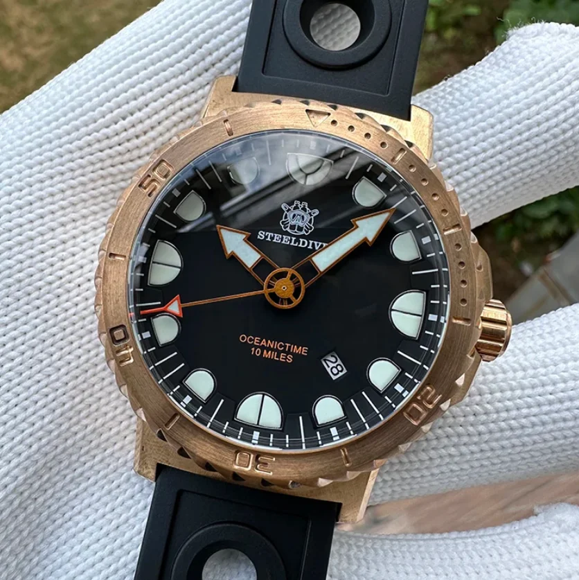 ساعة أوتوماتيكية للرجال من STEELDIVE 46.5 ملم CuSn8 ساعة يد ميكانيكية برونزية للغوص العميق 10000 متر مقاومة للماء BGW-9 ياقوت مضيء NH35