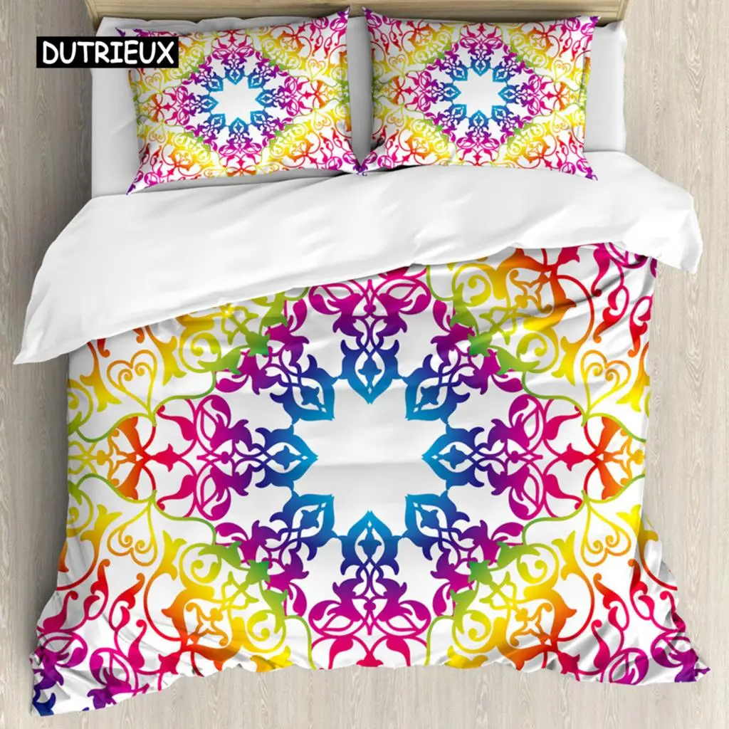 Mandala Duvet Cover Set Boho Style Ethnic Colorful Spring Garden Themed Multicolor Polyester Bedding Set Double Queen King Size