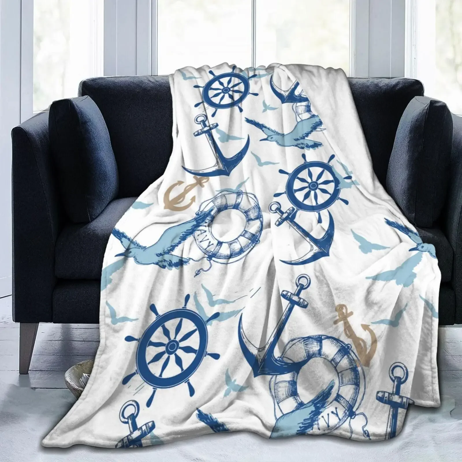 Nautical Boat Wheel Anchor Pirate Theme Throw Blanket Cozy Beach Decor Gift for Sailor Lover