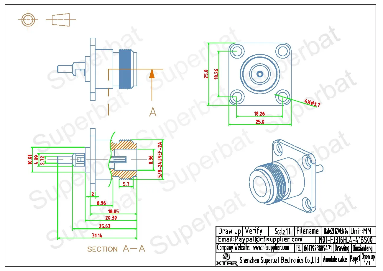 Smile-Connecteur coaxial CriAJRF pour câble, N femelle, montage sur panneau, RGAnthRG188A, RG316, LMR100, 4 trous