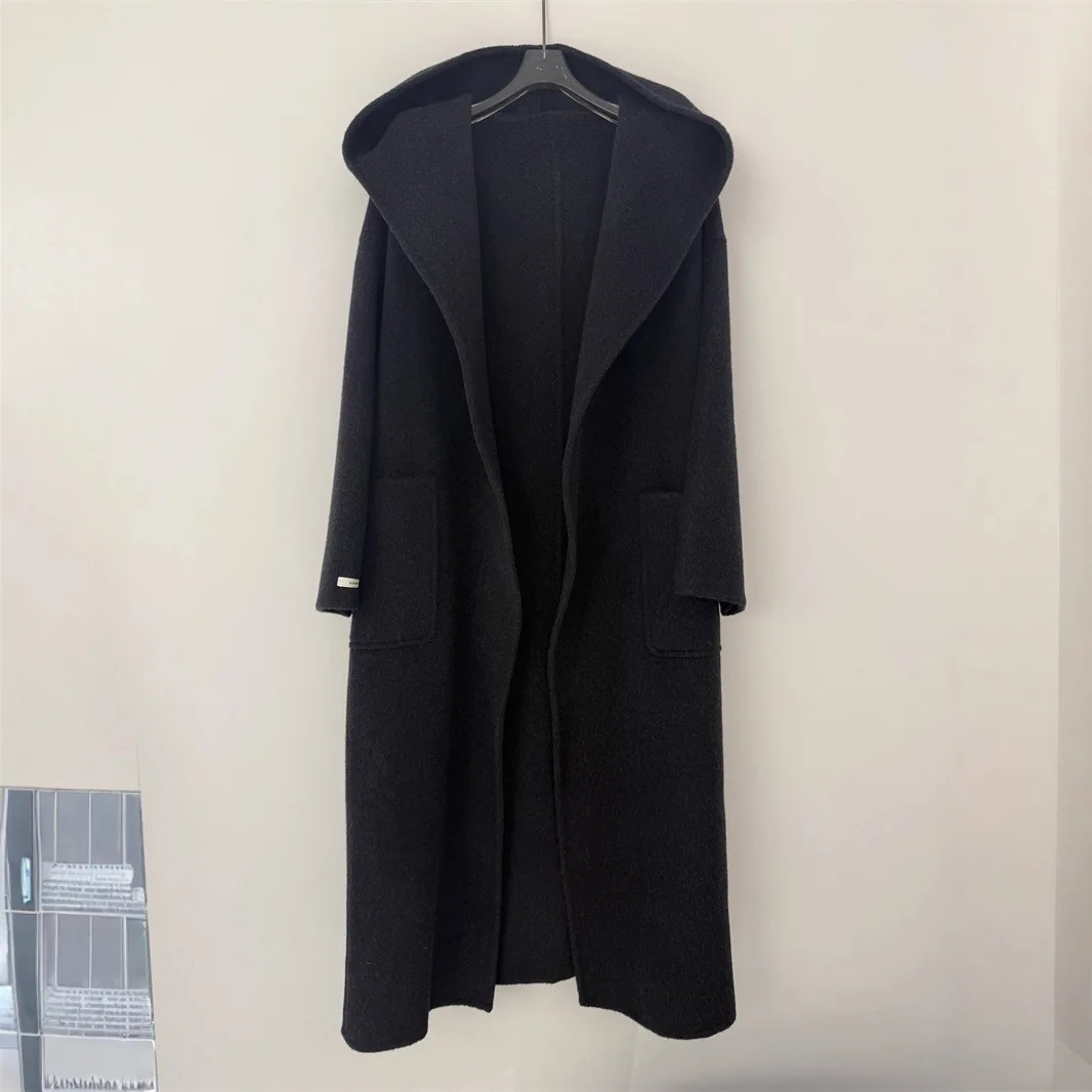 

Double-Faced Woolen Coat Hooded Belted apel Lazy Sle Outerwear Long Sve Thiened Autumn Winter Pure Color Ladies Coat