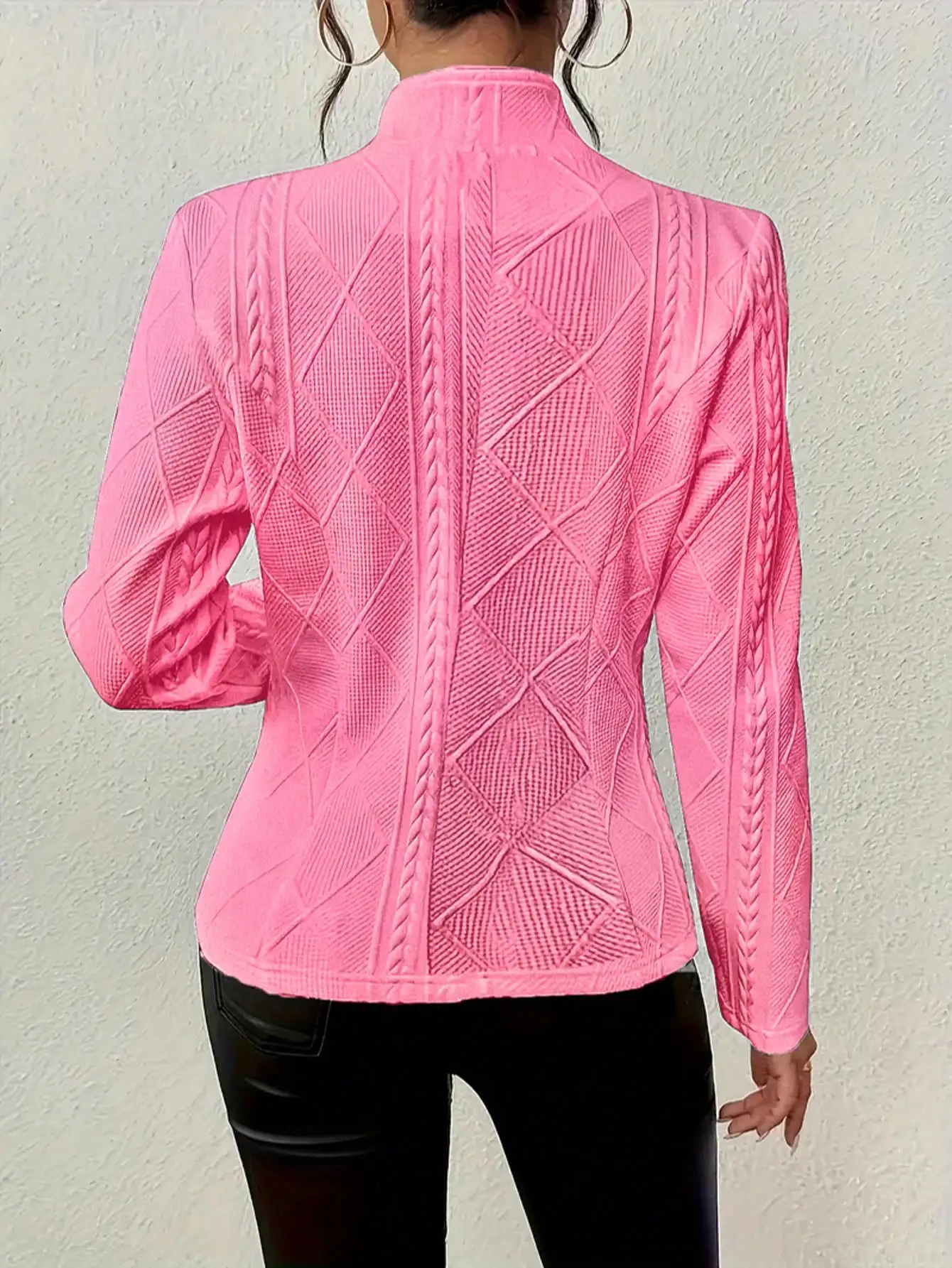 เสื้อแจ็คเก็ตเบลเซอร์ถักไหมพรมสีชมพูแบบกระดุมแถวเดียวสำหรับผู้หญิง เสื้อคลุมลำลองสำหรับฤดูใบไม้ผลิและฤดูใบไม้ร่วง