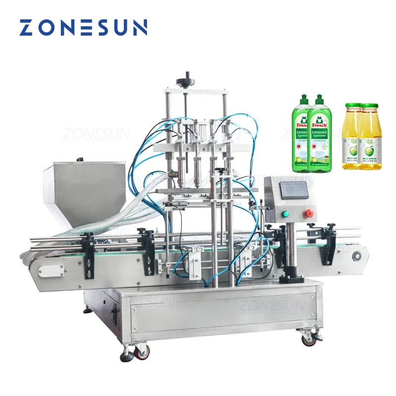 ZONESUN Pneumatic Tabletop Automatic 4 Heads Honey Paste Hand Sanitizer Liquid Bottle Can Pistion Filling Machine