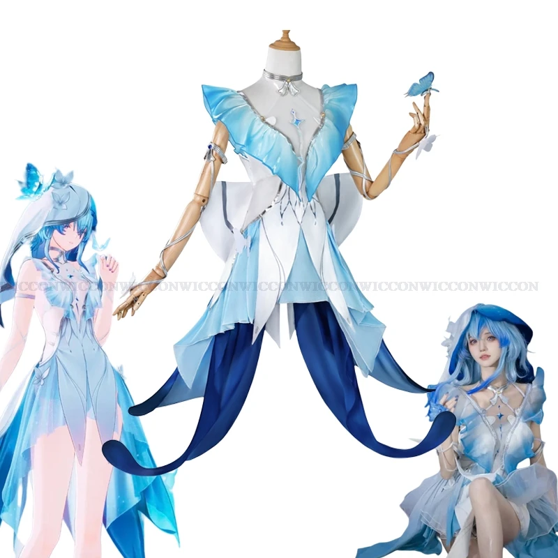 Wuthering Waves The Shorekeeper Cosplay  Costume Blue Butterfly Dress Anime Game Style Sexy Lolita Wig Halloween Christma Girls