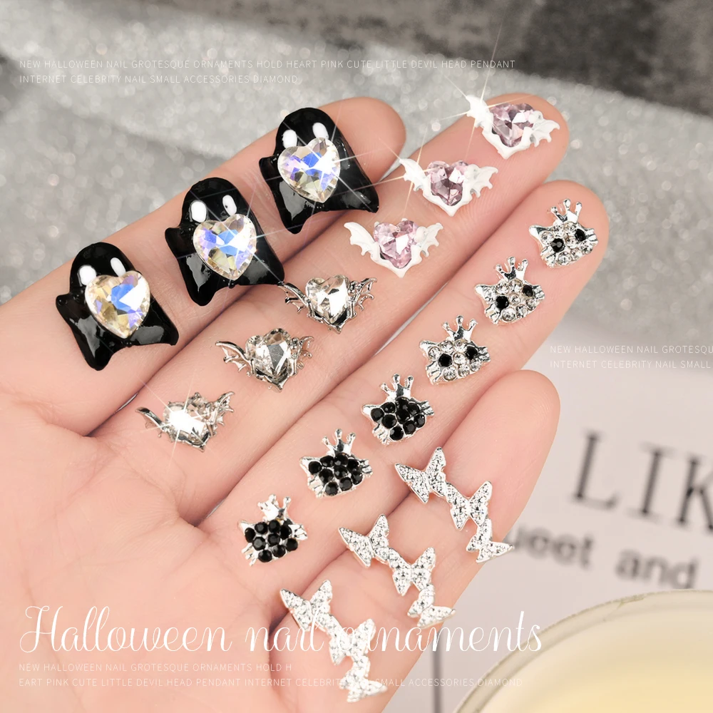 10pcs Evil Heart Nail Art Charm 3D Punk Metal Retro Demon Wings with Diamonds Nail Decoration DIY Luxury Manicure Accessories