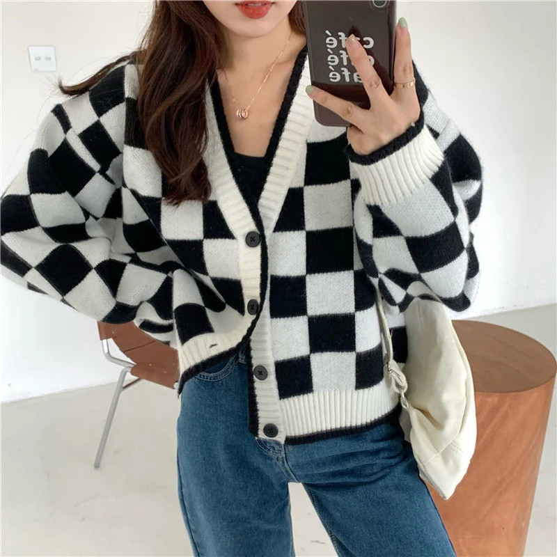 MEXZT Fashion Harajuku Black and White Patchwork Cardigan Sweater Women Fall Long Sleeve Streetwear Tops Korean Y2k Sweater New