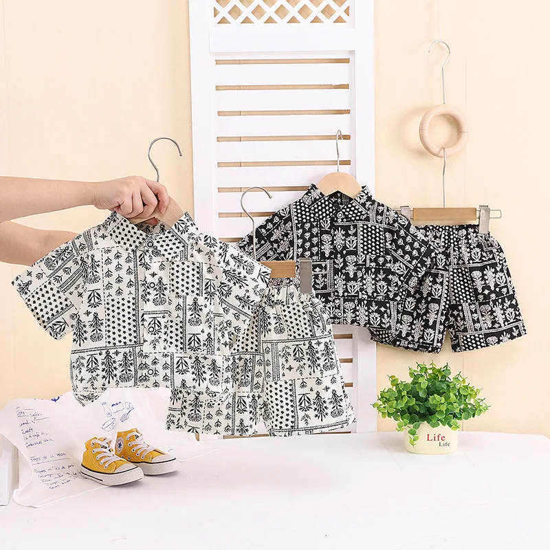 MILANCEL New Summer Kids Clothes Set 12M-5T Full Print Flower Boys Shirt Suit Thin Leaf Children Girls Outfit 2PCS