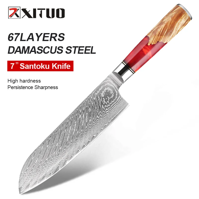 XITUO Damascus Knife Santoku Kitchen Knife 7-inch Damascus Steel Vg-10 Sharp Pro Santoku Knife Resin Handle Kitchen Chef Knife