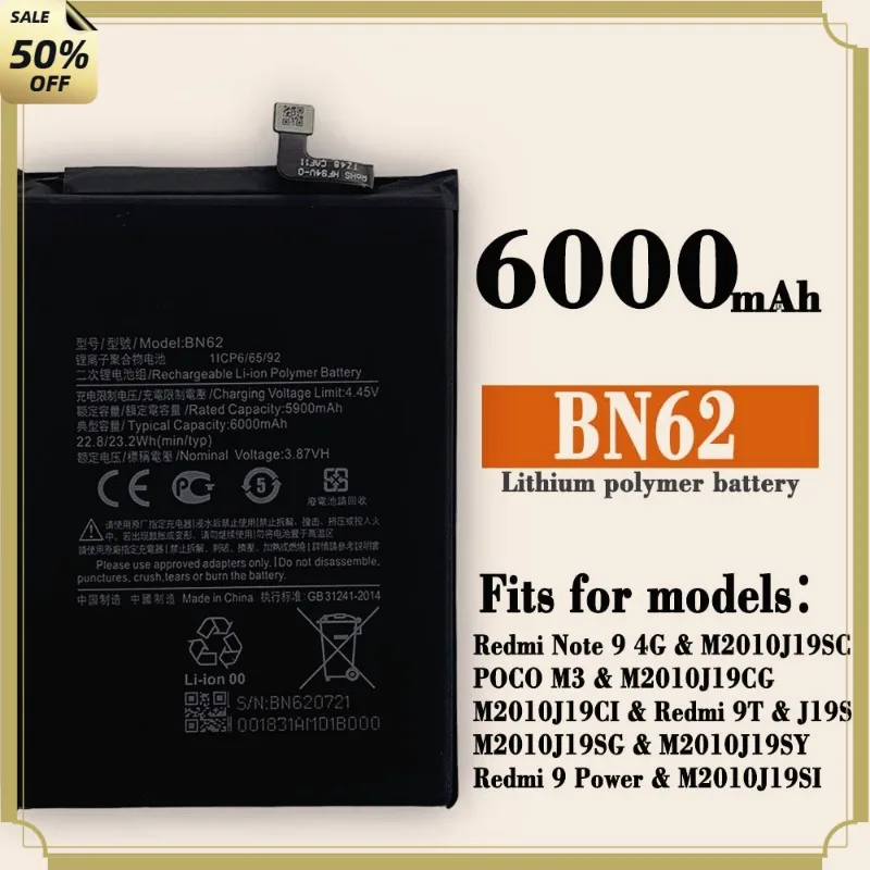 

New 6000mAh Brand New BN62 Mobile Phone Battery for Xiaomi POCO M3 Redmi Note 9 4G Redmi 9T 4G Phone Replacement Batteries