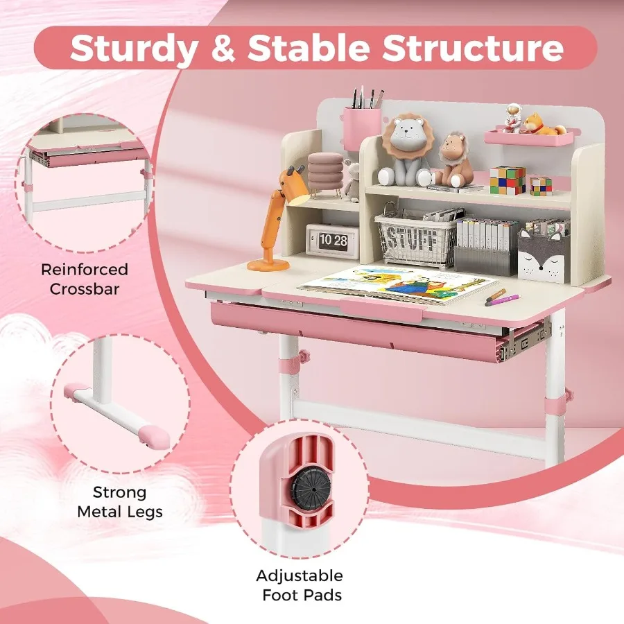 مكتب دراسة مدرسي مع طاولة قابلة للتعديل بارتفاع سطح المكتب قابلة للإمالة مكونة من 7 مستويات تتميز برف كتب مدمج ودرج قابل للسحب