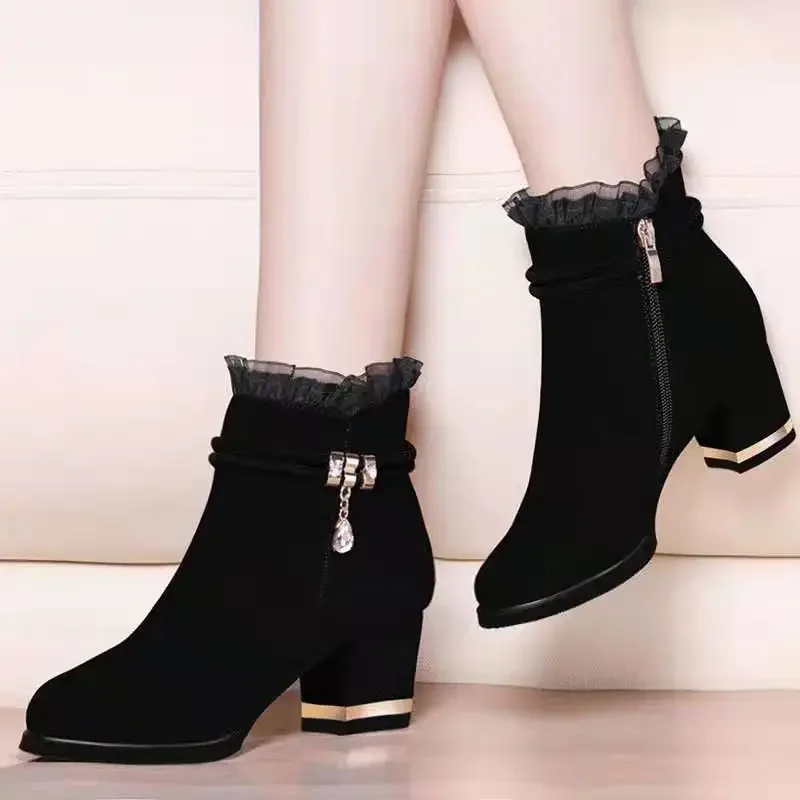 2024 Spring Autumn Winter Warm Fleece-lined Women's Short Boots Coarse Heels Sexy Lace Versatile Side Zip-up Naked Boots