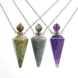 New Natural Stone Cone Perfume Bottle necklace Healing Clear Quartz Crystal Pendant Reiki Essentials Oil Diffuser Vial Necklace