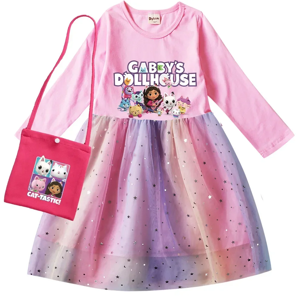 Gabby Doolhouse Dress Baby Girls Long Sleeve Dresses & Small Bag Kids Wedding Party Sequin Vestidos Children Gabby Chat Clothes