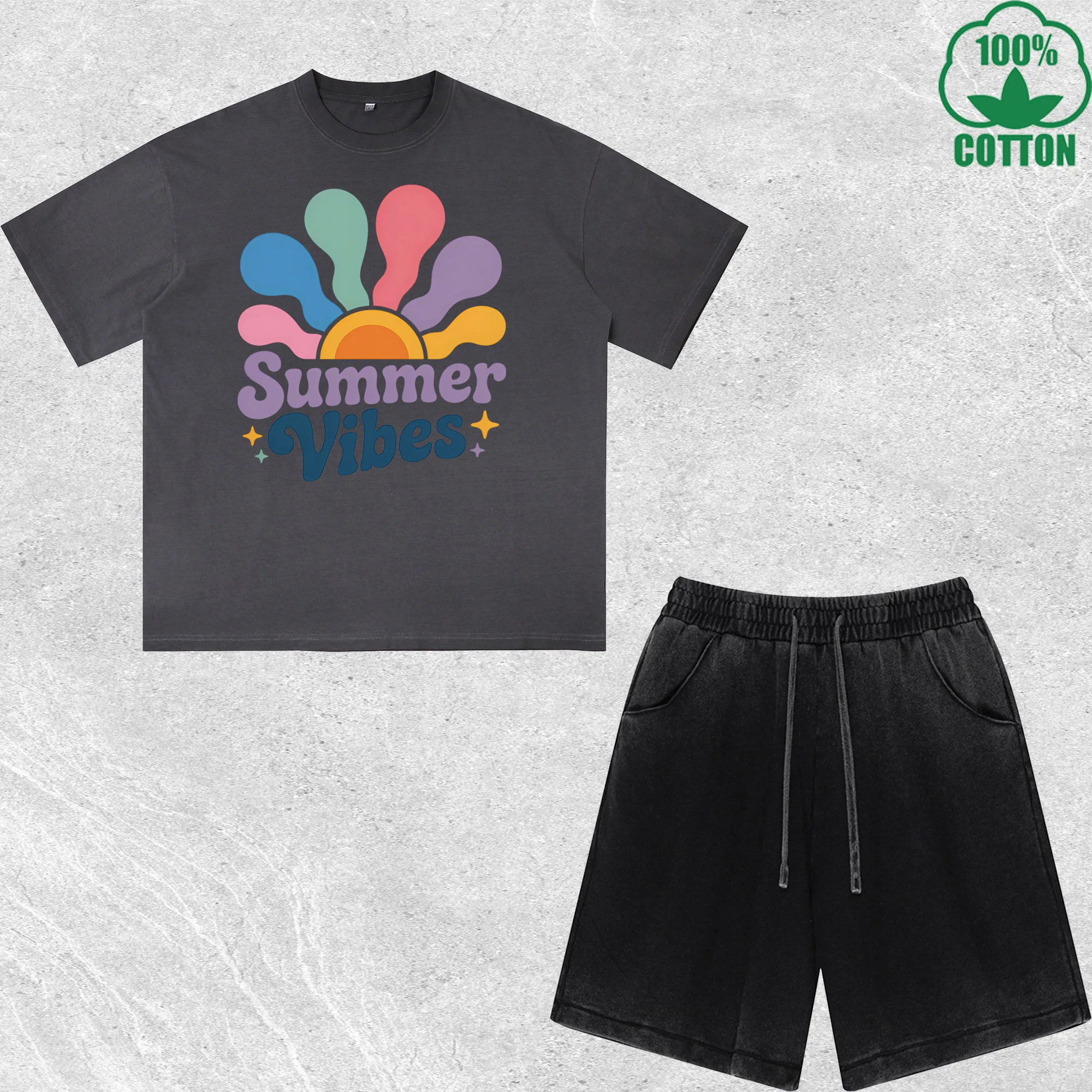 

Summer Vibes Retro Printed Dirty Wash T-Shirt Shorts Set Multicolor Combo Loose Trendy Fashionable 100%Cotton