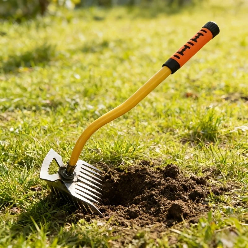 Labor Saving 2 in 1 Garden Rake Hoe Rustproof Steel Teeth Curved Handle Weeding Tool Backyard Vegetable Planting Supplies