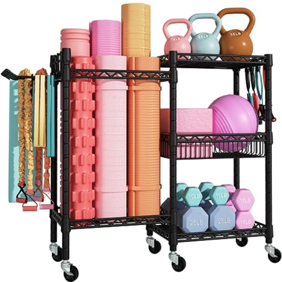 

FUTASSI Home Gym Storage 3 Tiers Workout Equipment Organizer with Wheels for Yoga Mats Foam Roller Dumbbells Kettlebells and Re