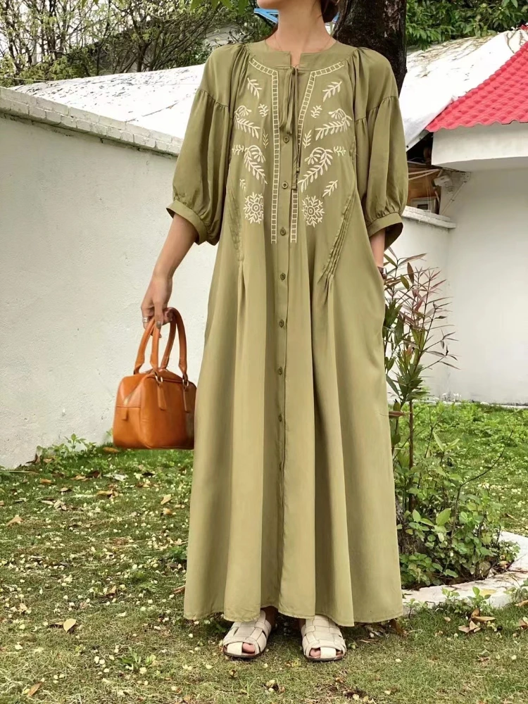 Luxury Court Style Buttons-down Embroidered Dress for Women Half Sleeves Casual Loose Fairy Long Dresses Boho Maxi Dresses
