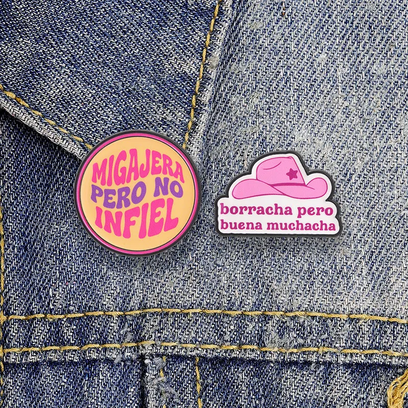 Borracha Pero Buena Muchacha Pink Cowboy Hat Enamel Pin Funny Spanish Slang Quote Brooch Lapel Badge Jewelry Gift For Girls