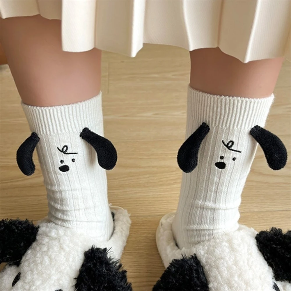 New Happy Funny 3D Doll Cartoon Japanese Black Eared Puppy Mid Tube Socks Versatile Ins White Dog Sokken Dropship Novel Gift