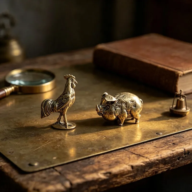 Solid Brass Pig and Rooster Statue Set Exquisite Desktop Office Decorations Fine Craftsmanship Animal Sculptures for Home Living