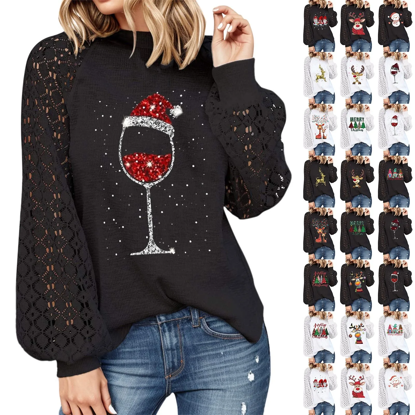 2023 Autumn Winter Christmas Hat Wine Glass Lace Splicing Blouse Black Womens Long Sleeve Sexy New Year Party Fashion Tops Gifts