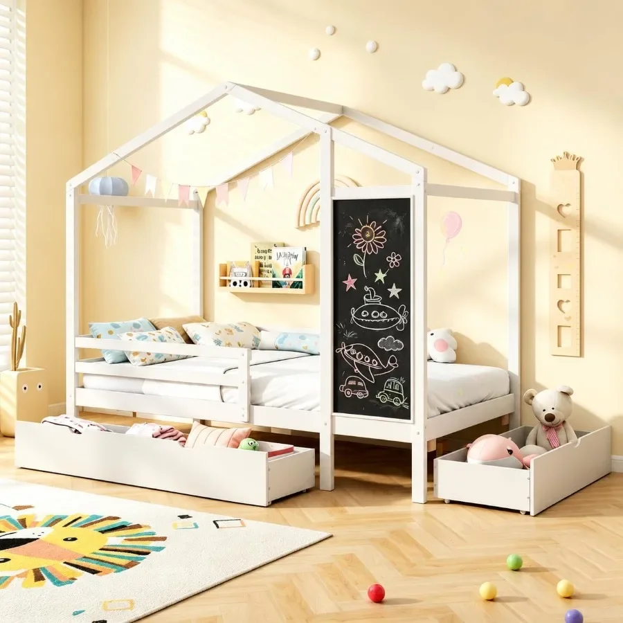 Twin Bed for Kids' Room, Solid Wood with Black Finish, Includes 2 Storage Drawers, Blackboard Surface and Safety Guardrails, Sl