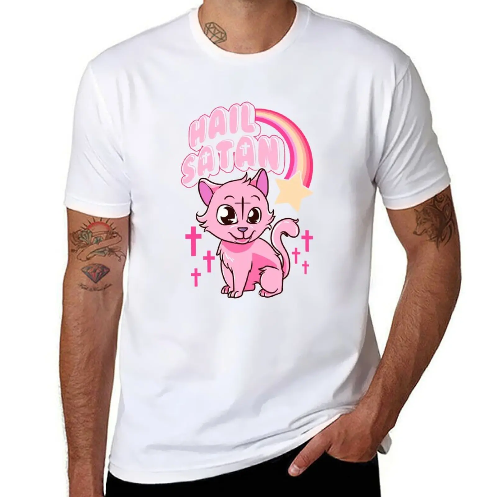 

Hail Satan Cat Cute Rainbow Kitty Heavy Metal Pun T-Shirt t shirts for man cotton t shirt for man 100 percent cotton T-Shirt