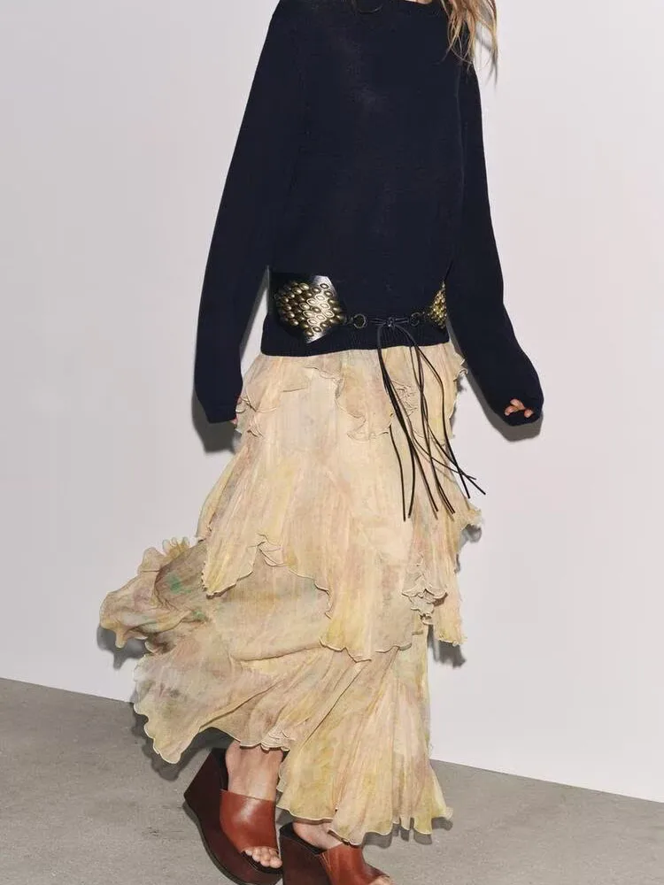 Nova Saia Fena de Verão Estampada com Camadas Decorativas, E e Versátil, Estilo Étnico para Palco 36940 023