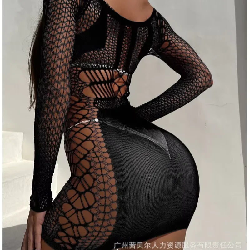 ラウンドネック長袖中空女性ボディコンドレスセクシーなカットアウトスリムフィットランジェリー