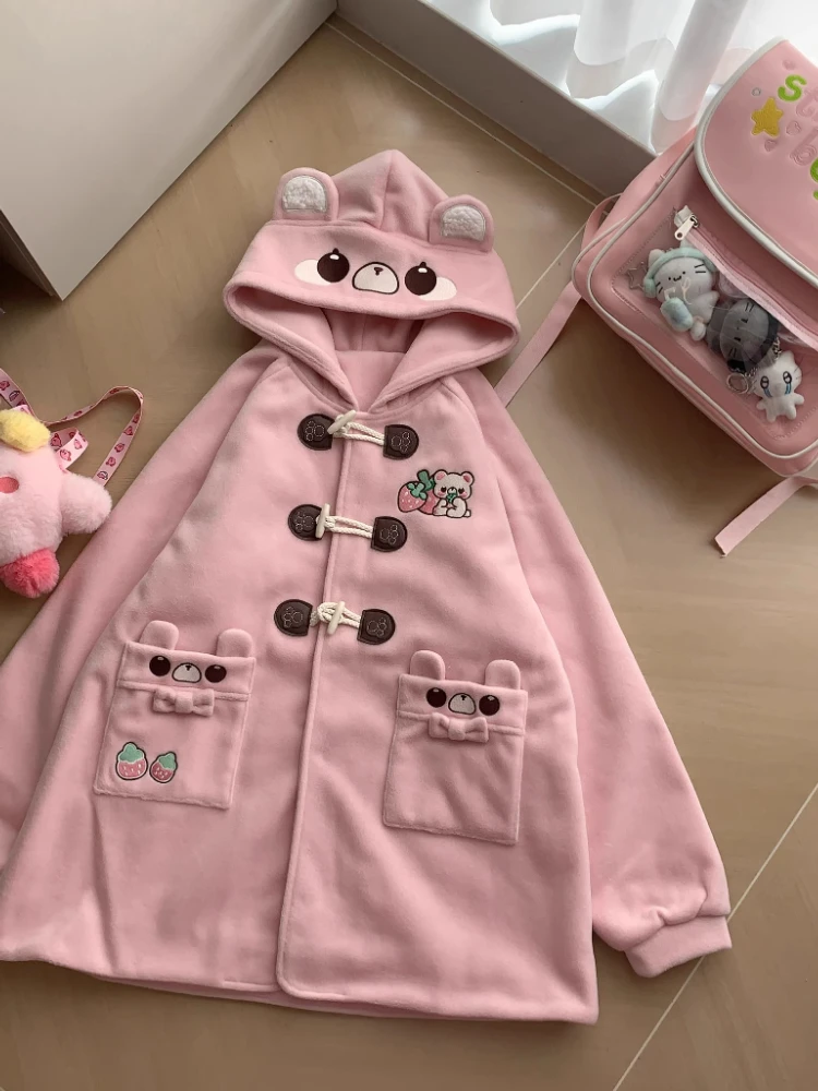 Original Cute Girl's Bear Embroidery Long Jacket Autumn Winter New Student Y2K Horn Button Hooded Jacket Daughter Kawaii Coat
