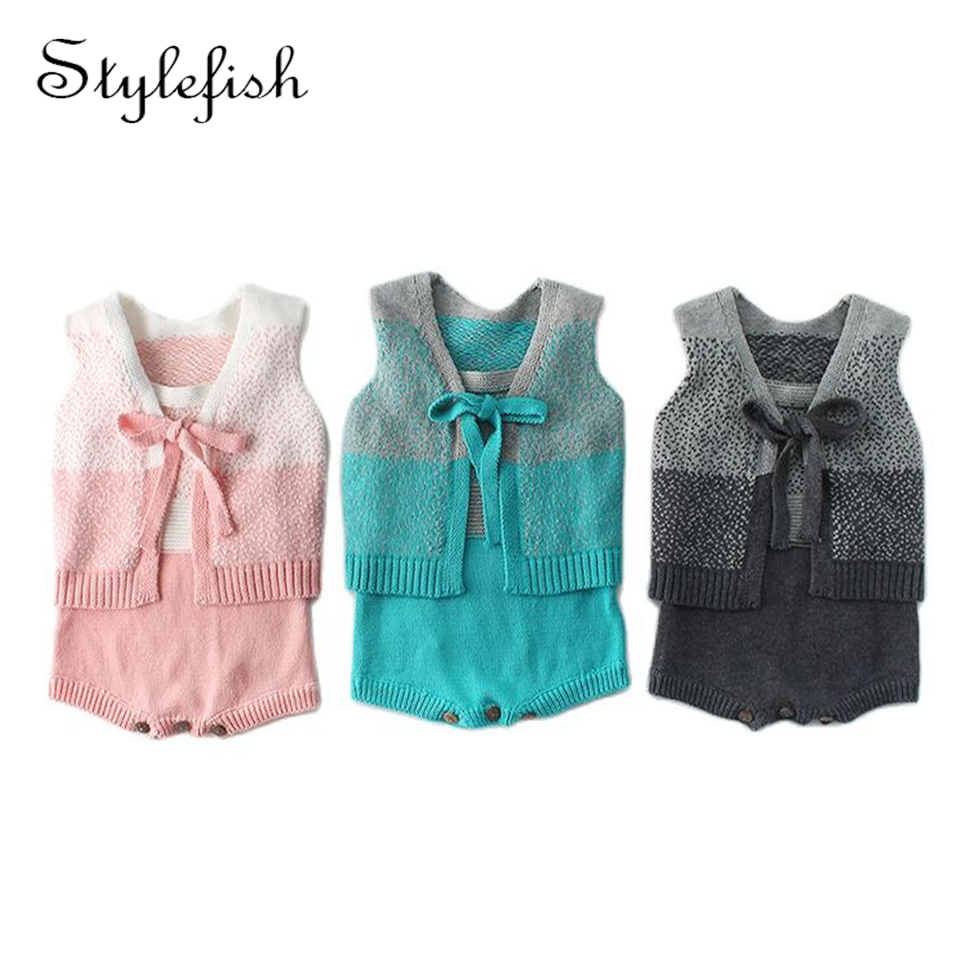 

2022 infant unisex children's clothing sweater baby climb clothes color matching mix suit vest + ha coat two-piece outfit knit