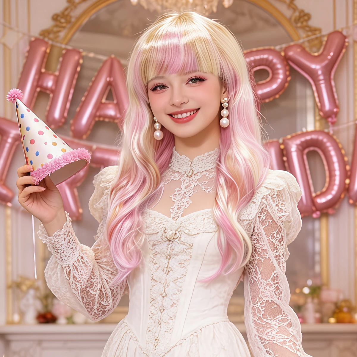 

Blonde Pink Ombre Long Wavy Synthetic Wig with Bangs, Layered Curly Hair for Cosplay, Lolita Style and Themed Party