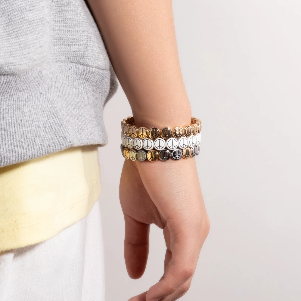 2024 New Design Gold Silver Color Metal Bracelets Peace Logo Elastic Bracelets Enamel Brangle For Women Peace Jewelry