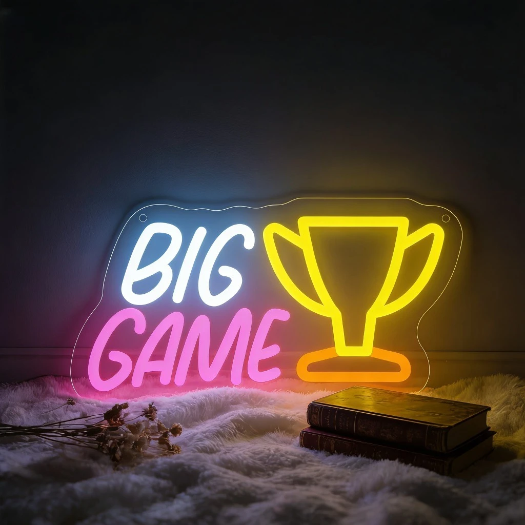 

Неоновая вывеска Big Game с трофеем, светодиодный настенный декор для игровой комнаты, спортивного бара, спальни, мотивационный символ победы, световой подарок