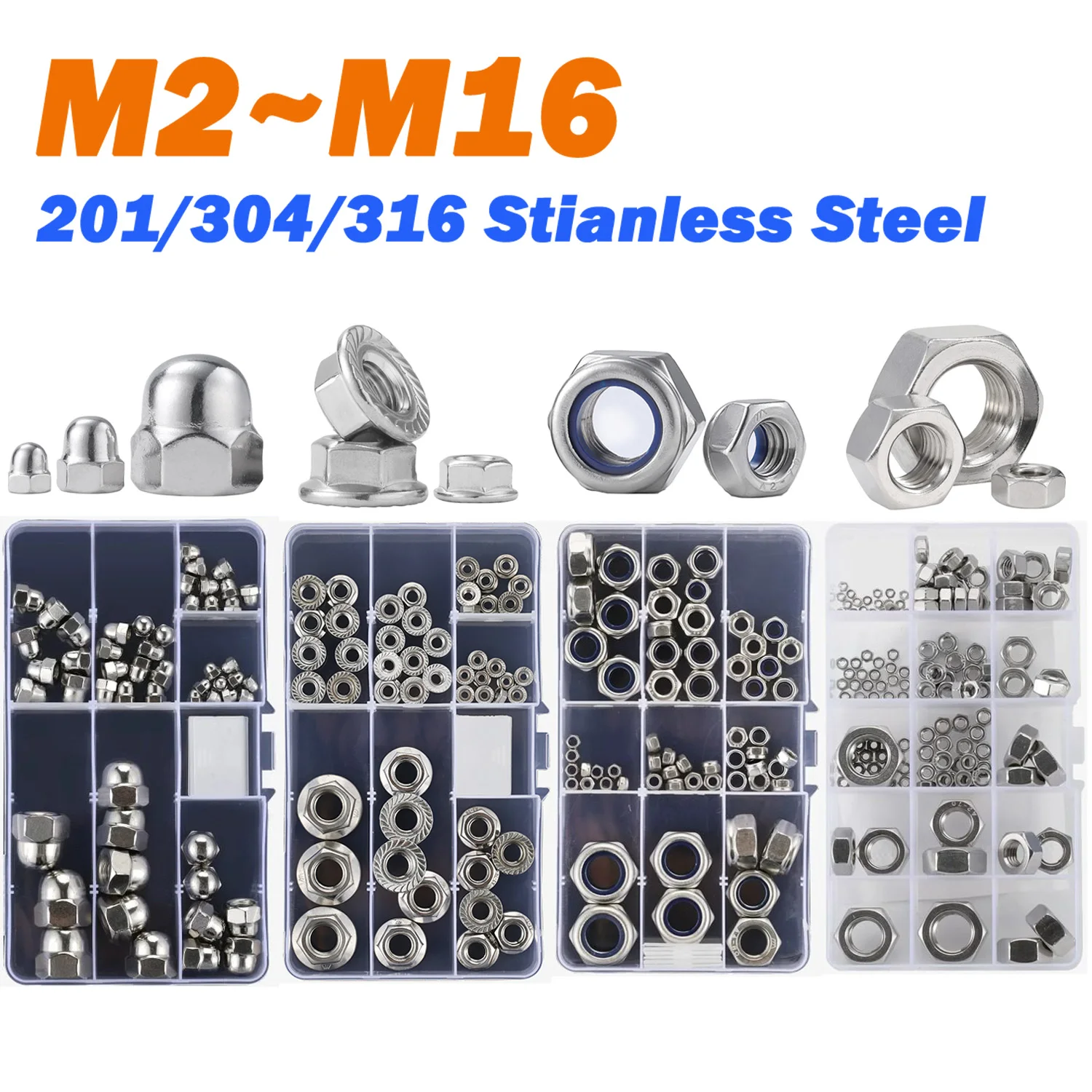 

Набор гаек 1Box: M2, M2.5, M3, M4, M5, M6~M16, из нержавеющей стали 201/304/316, шестигранные/с нейлоновой вставкой/фиксирующие/заглушки/фланцевые гайки, ассортиментный набор