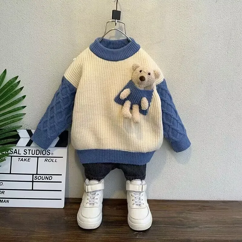 Boy Pullover Sweater Thickened 2024 Autumn/Winter Clothing Girls Baby Thick Knit Sweater Childrens Clothing Top Kids Sweater